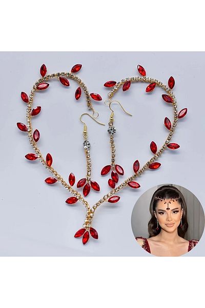 GlassySKY Indian/ Hijab Headdress/ Forehead Cloth/ Necklace/Hanfu Crown Earring Set Hair Accessory Wedding/Engagement/Bridal/Henna/Birthday