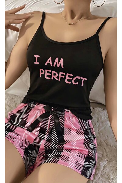 R RUSELİN Women's Black Square Patterned Strappy Shorts Pajama Set 6652