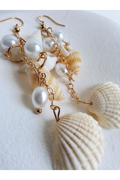 BHR AKSESUAR Pearl and Seashell Bohemian Earrings