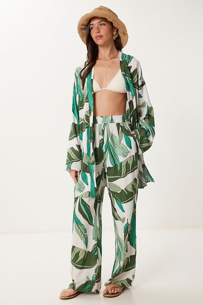 Lovelyİstanbul Patterned Summer Viscose Kimono Pants Set Khaki Stone Lje0003