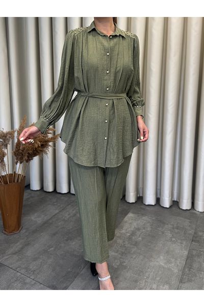 MOI ANGEL Women's Khaki Diamond Stone Buttoned Elastic Waist Hijab Double Suit Pants Shirt