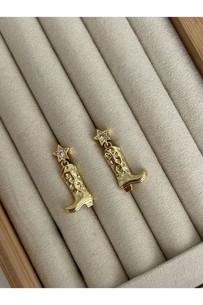 ringbox Gold Dangle Stone Cowboy Boot Earrings