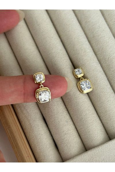 ringbox Gold Dangle Stone Square Earrings