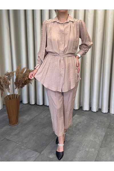 MOI ANGEL Women's Stone Color Diamond Stone Buttoned Elastic Waist Hijab Double Suit Pants Shirt