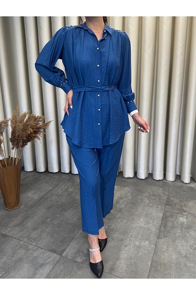 MOI ANGEL Women's Blue Diamond Stone Buttoned Elastic Waist Hijab Double Suit Pants Shirt