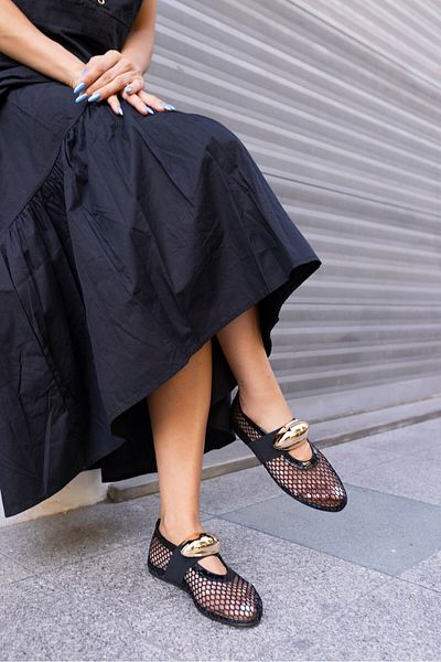 Carweza Ayakkabı Rena Black Mesh Gold Metal Accessory Ballerinas