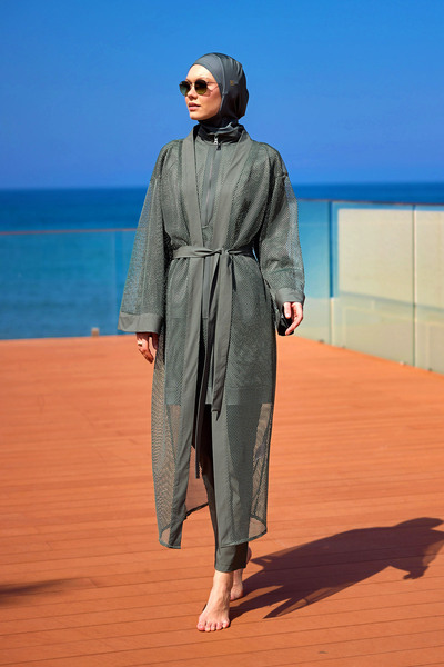Marina Χακί τούλι κιμονό – Ελαφρύ και ολόσωμο Pareo για το Hijab Beach Chic P2501-3