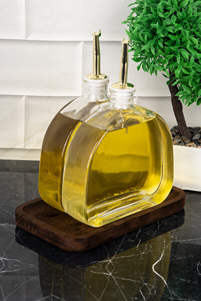 DNS HOME 2 Pieces Oval Glass Oil Pot with Wooden Stand Gold Cover Sunflower Oil Olive Oil Label Sauce Bowl Vinegar Bowl