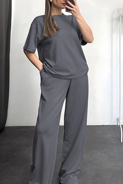 ruNadeS Women's Short Sleeve Summer Two Thread Combed Wide Leg Sweatpants Set