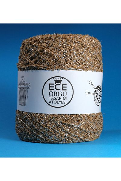 Ece Örgü Tasarım Atölyesi Πλεκτό σχοινί χειρός από ιταλικό βαμβακερό μπουλόνι με ασημί γκλίτερ, καμήλα (200 γρ.)