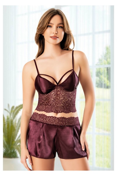 Viselya Set pantaloni scurți largi din satin prună dantelă