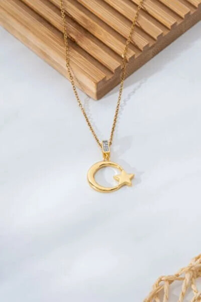 Finesa Jewelry Hilal ve Yıldız Figürlü ,Zirkon Taşlı,Altın Renk, Çelik,Kararmayan Kolye