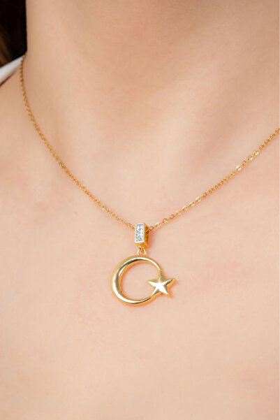 Finesa Jewelry Hilal ve Yıldız Figürlü ,Zirkon Taşlı,Altın Renk, Çelik,Kararmayan Kolye
