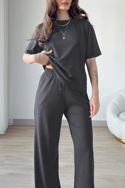 ruNadeS Women's Short Sleeve Summer Two Thread Casual Palazzo Leg Sweatpants Set