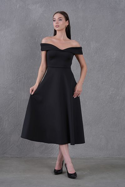bayansepeti Women's Stretchy Diver Fabric Kiss Collar Midi Length Flared Cutout Black Evening Dress 77128