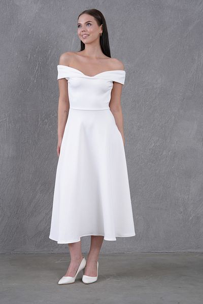 bayansepeti Women's Stretchy Diver Fabric Kiss Collar Midi Length Flared Cutout White Evening Dress 77128