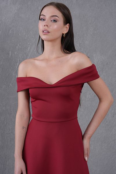 bayansepeti Women's Stretchy Diver Fabric Kiss Collar Midi Length Flared Cut Burgundy Evening Dress 77128