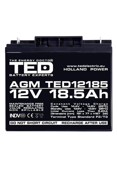 TED Electric Baterie reîncărcabilă F3/T3 12V staționară VRLA 18.5Ah AGM, dimensiuni 181x77x167 mm, TED12185