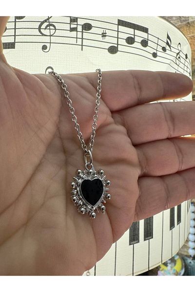 Herşey Nota Black Stone Heart Figured Unisex Necklace – 60 cm Chain, Elegant and Gothic Style