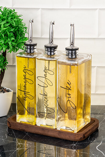 DNS HOME 3lü Lüks 500ml Yağdanlık Ahşap Stant Gümüş Kapak Cam Yağlık Ayçiçek Yağı Zeytinyağı Sosluk Sirkelik