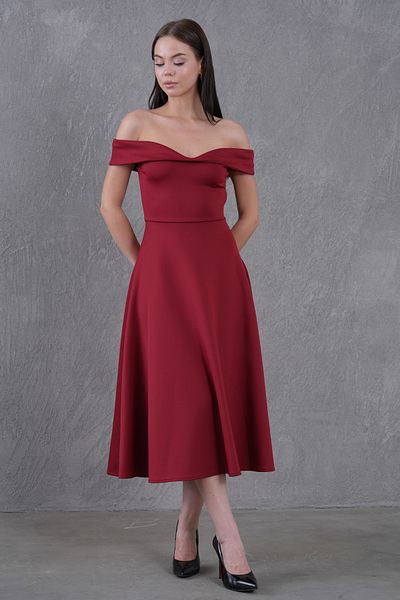 bayansepeti Women's Stretchy Diver Fabric Kiss Collar Midi Length Flared Cut Burgundy Evening Dress 77128
