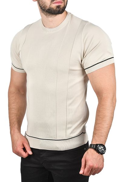 DeepSEA Мъжка бежова памучна тениска Slim Fit, дишаща плетена тениска с кръгло деколте 2504347