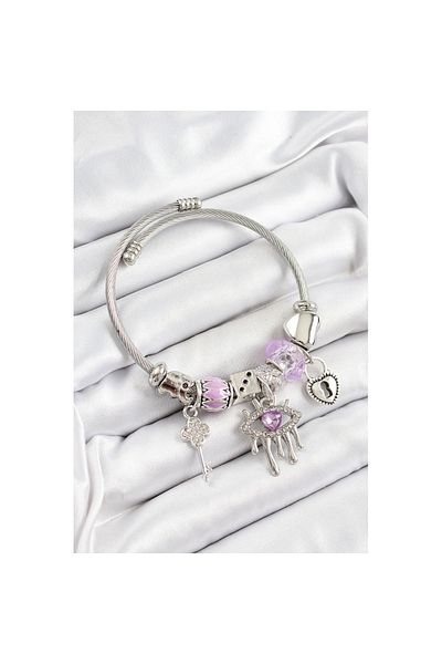 Skygo 316L Steel Purple Zircon Stone Eye Lock and Key Model Silver Color Charm Bracelet - Tj-Bb7260