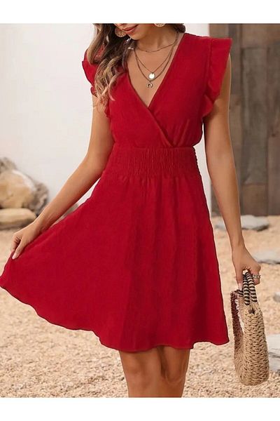 Masspera Double Breasted Neckline Ruffle Sleeves Waist Gipped Mini Dress