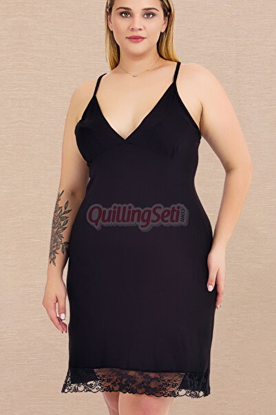 quilling Black Color, Brown Patterned, Strap Sleeve Large Size 2-Piece Mother's Nightgown Set with Dressing Gown - 19237