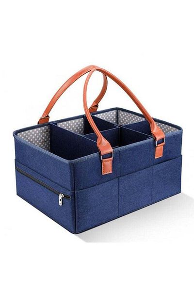 COOYA Baby Diaper Caddy Bag With Zipper Lid And Leather Handle Dark Blue