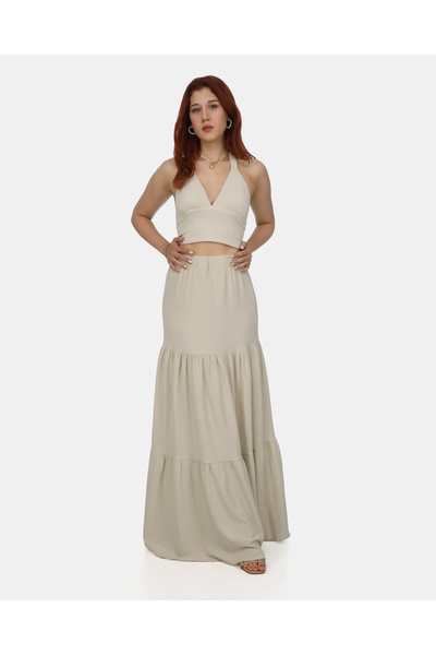 J&KSTORES Wrap-Around Fabric Back and Neck Tie Crop-Long Skirt Suit
