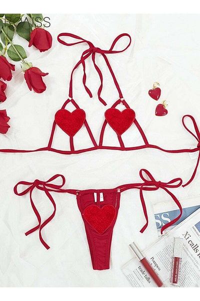 ROAISS 2-Piece Women's Love Hollowed Out Underwear Neck Tied Open Back Bra Lace Up Heart Shaped Hollow Unde