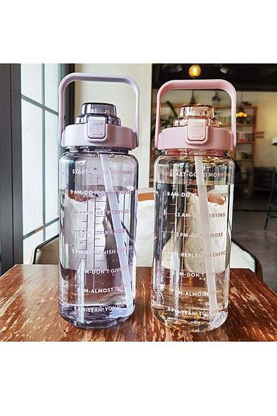 COOYA 2L Large Capacity Water Bottle, Portable Plastic Water Bottle With a Pop-Up Lid and Time Mark