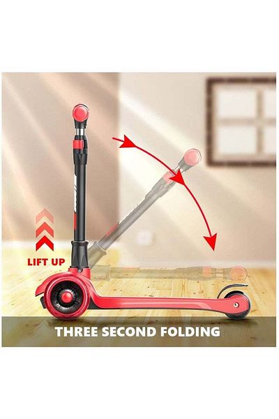 COOYA Foldable Kick Scooter with LED Light, 3 Roller Scooter with Adjustable Height for Kids Ages 2-12
