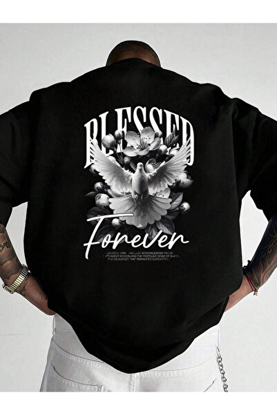 ELNOYA تي شيرت مريح برقبة دائرية مطبوع عليه "Forever" من القطن باللون الأسود ...