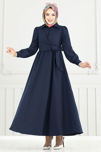 ModaMerve Side Lace Hijab Dress 3348Cr1137-M Dark Navy