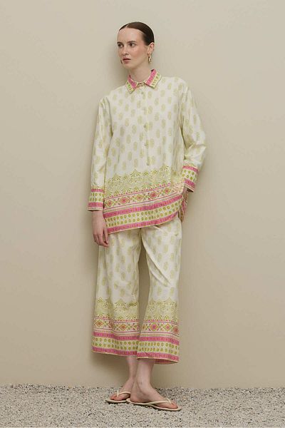 Fahhar Shawl Pattern Trousers Set Green