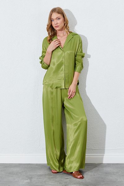 TENA Women's Oil Green Slim Waist Rubber Detailed Satin Trousers