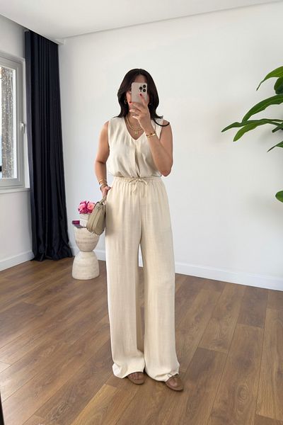BİRCANÇİL Chester Stone Sleeveless V Neck Blouse Pants Suit