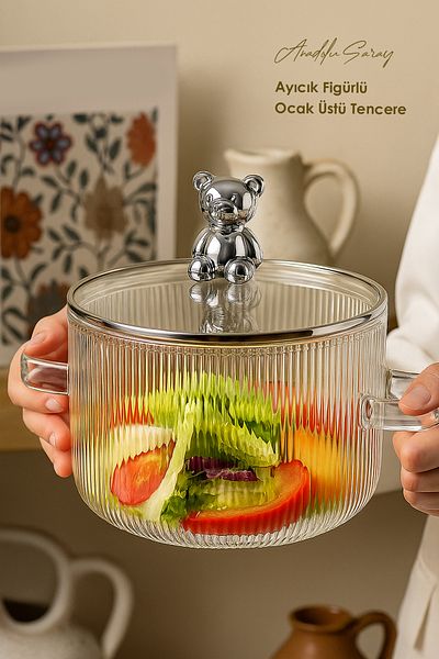 Anadolu Saray Heat Resistant Borosilicate Glass Teddy Bear Figured Pot |   Termisil Teddy Bear Figured Stovetop Pot