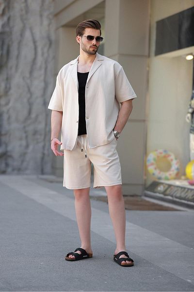 Madmext Beige Basic Men's Shorts Shirt Suit E7311