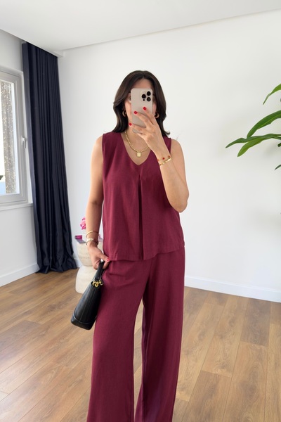 BİRCANÇİL Chester Burgundy Sleeveless V Neck Blouse Pants Suit