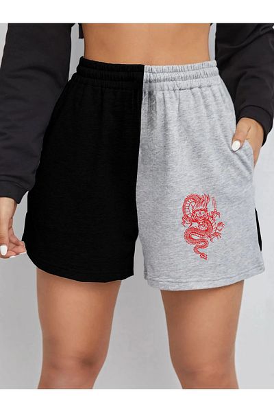 SBCSPORT Μαύρο-Γκρι 2 διαφορετικών χρωμάτων Dragon printed S-shorts