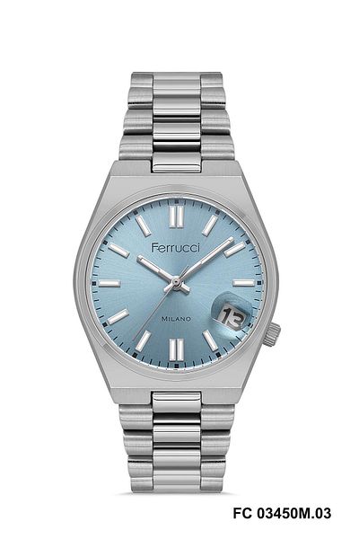 Ferrucci Blue Dial Metal Band Unisex Wrist Watch with Calendar