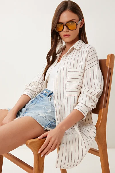 Lovelyİstanbul Cămașă de muselină oversize cu dungi CREAM BORDO LGP0014