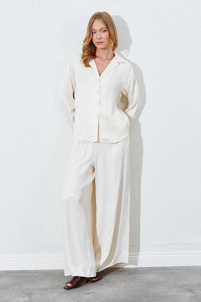 TENA Women's Cream Slim Waist Elastic Detailed Satin Trousers