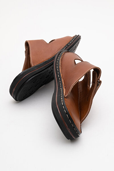 Dericlub Dericlub Men's Double Striped Slippers Real Leather Dc 1182 Taba