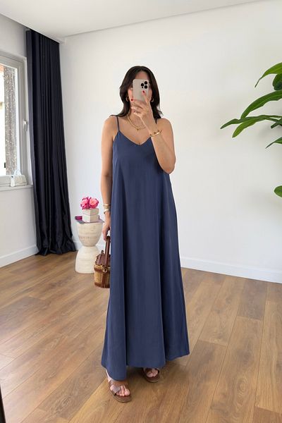 BİRCANÇİL Ossy Indigo Strap Adjustable Maxi Dress