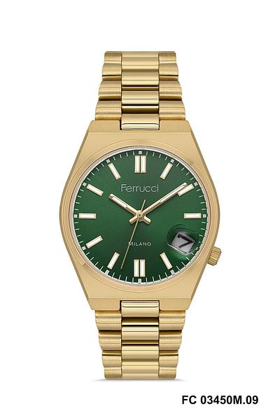 Ferrucci Green Dial Gold Color Metal Band Unisex Wrist Watch with Calendar