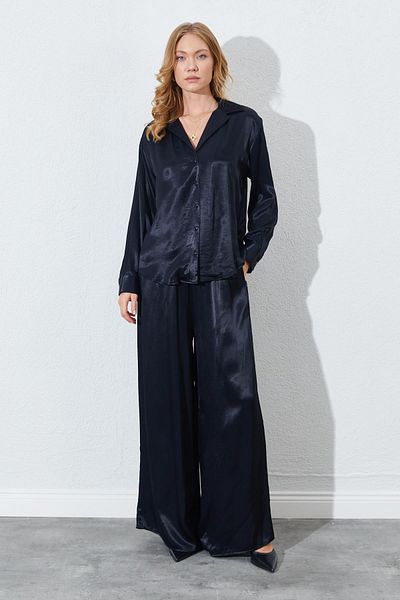 TENA Women's Black Slim Waist Elastic Detailed Satin Trousers